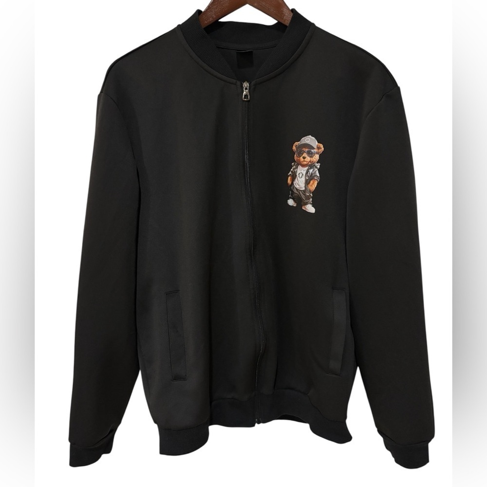 Black Graphic Teddy Bear Bomber Jacket Streetwear Unisex Size L